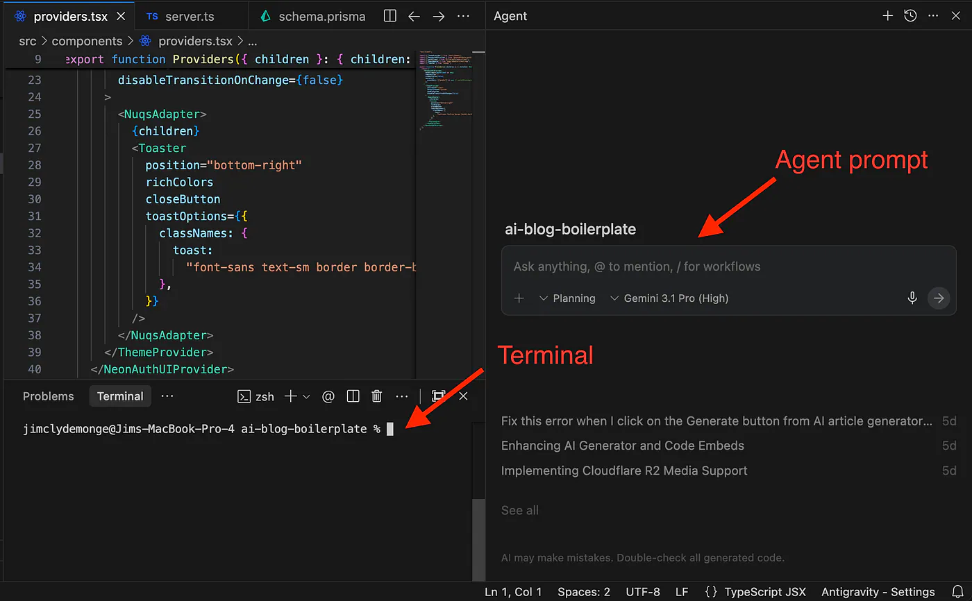 Agent prompt and Terminal inside Antigravity. Image by Jim Clyde Monge
