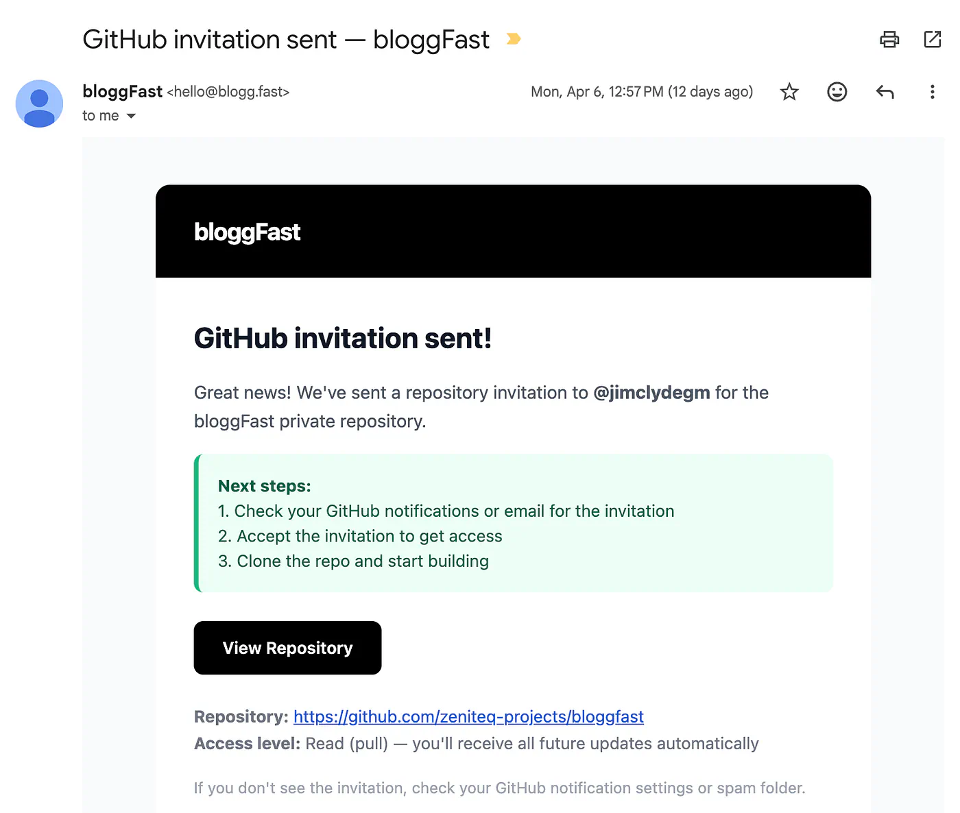BloggFast sample email after purchase. Image by Jim Clyde Monge