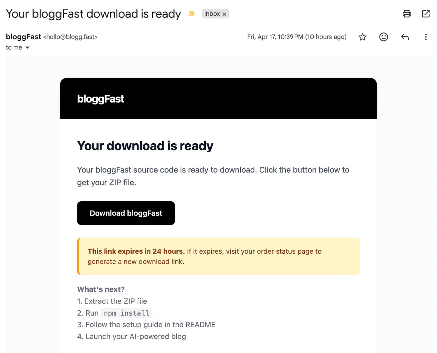 BloggFast sample email after purchase. Image by Jim Clyde Monge