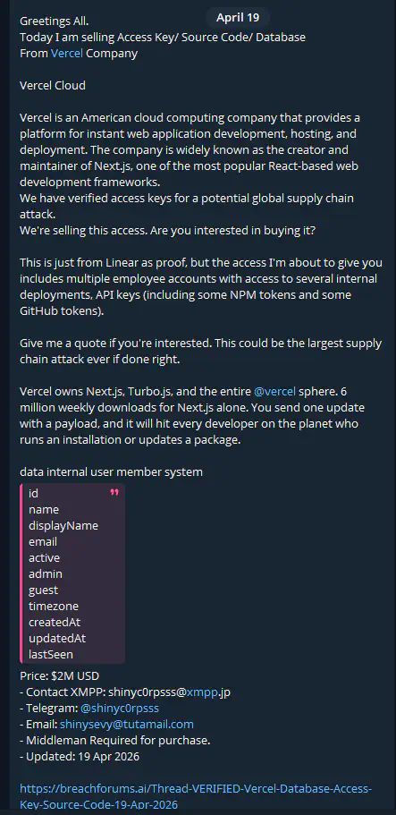Vercel hacked and codes are sold online