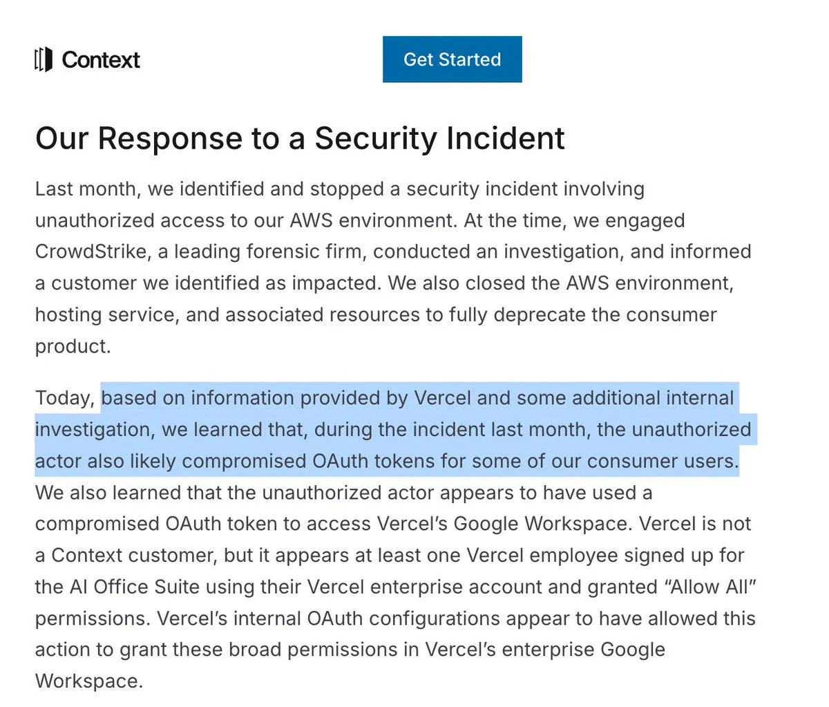 Context AI official statement on Vercel security breach
