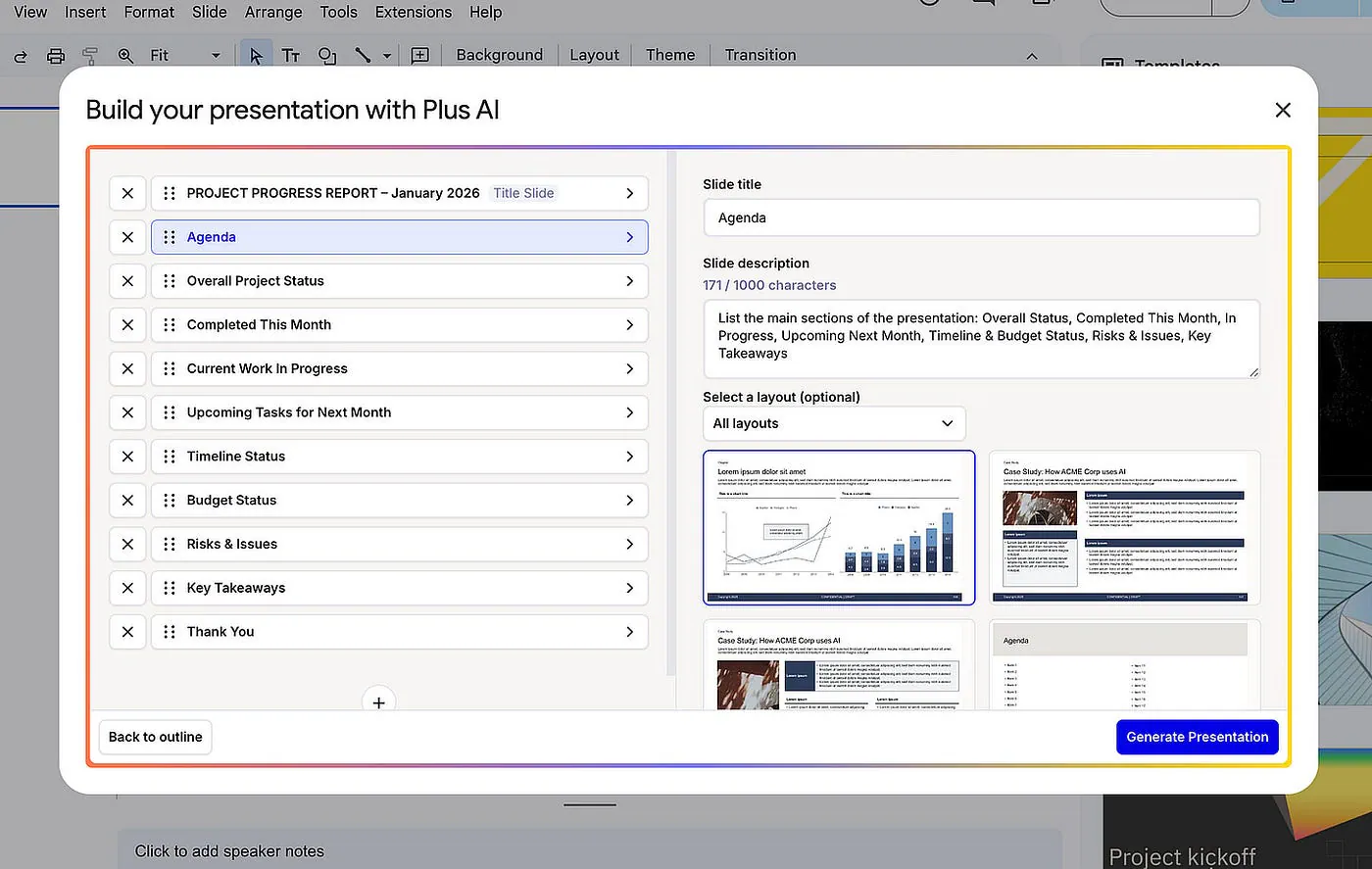 Plus AI presentation generator sample generation. Image by Jim Clyde Monge