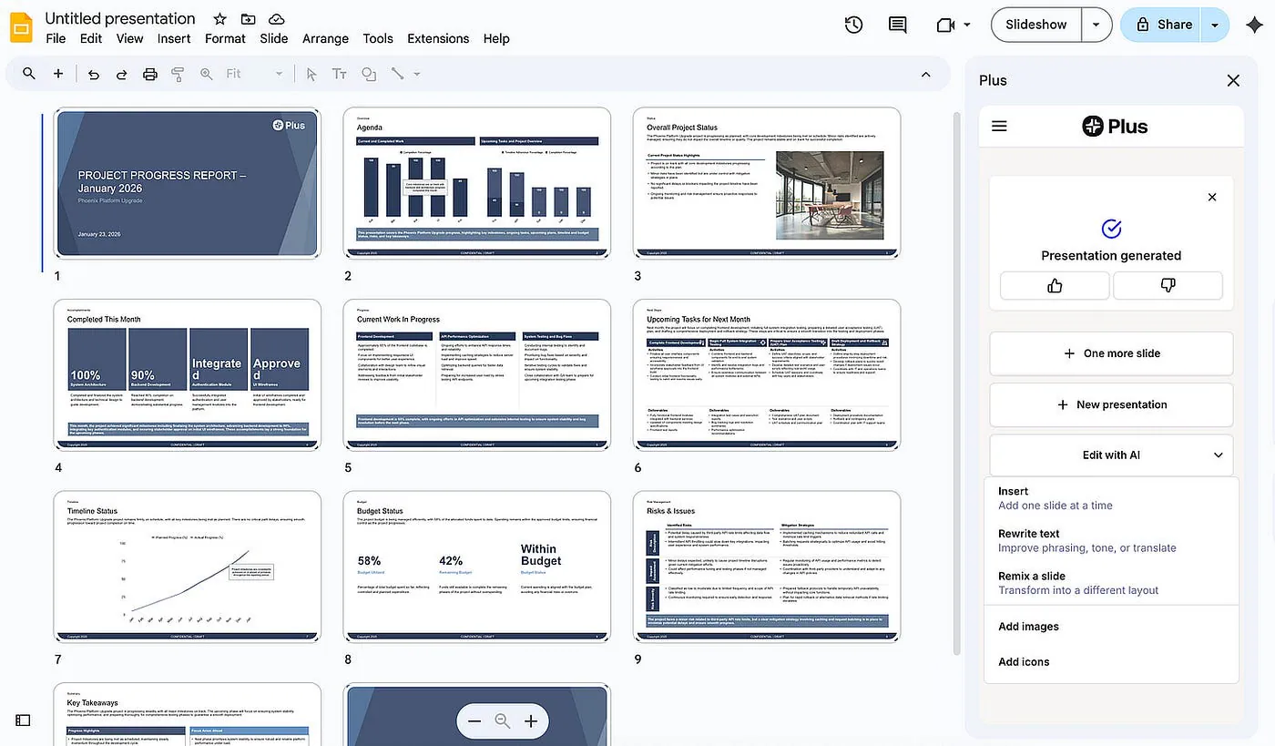 Plus AI presentation generator sample generation. Image by Jim Clyde Monge