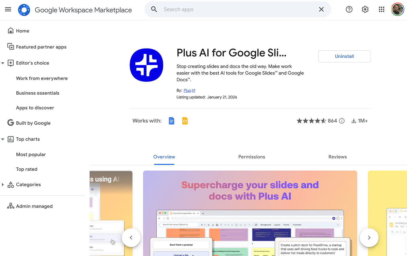 Plus AI presentation generator in Google Workspace Marketplace. Image by Jim Clyde Monge