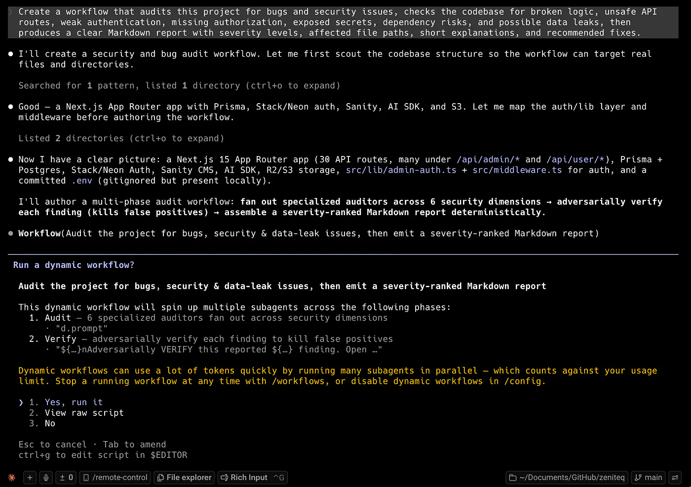 Starting a dynamic workflow in Claude Code