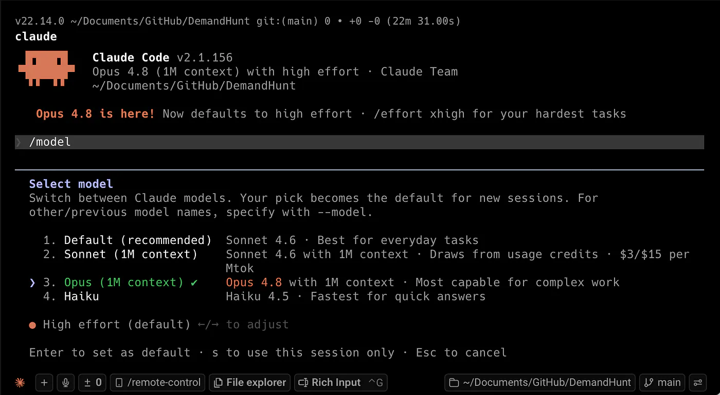 Setting the model to Claude Opus 4.8 in Claude Code
