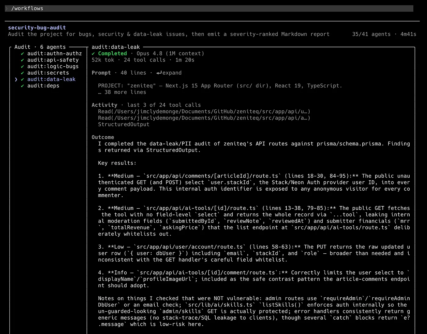 Sample audit using dynamic workflow in Claude Code.
