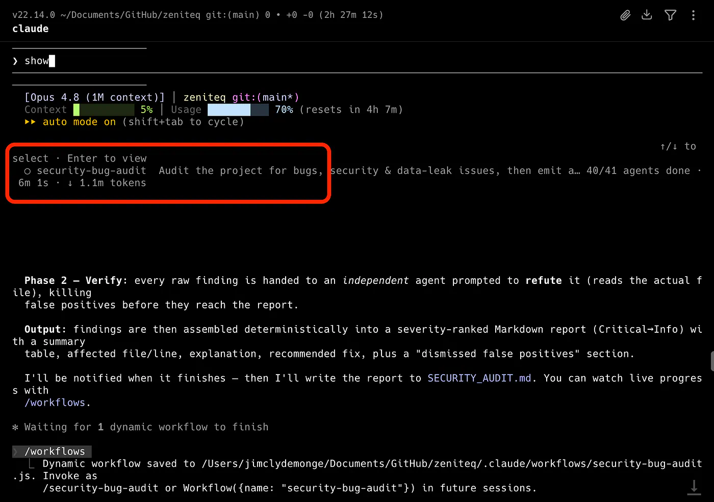 Finished dynamic workflow example in Claude Code. Total of 1.1 million tokens consumed