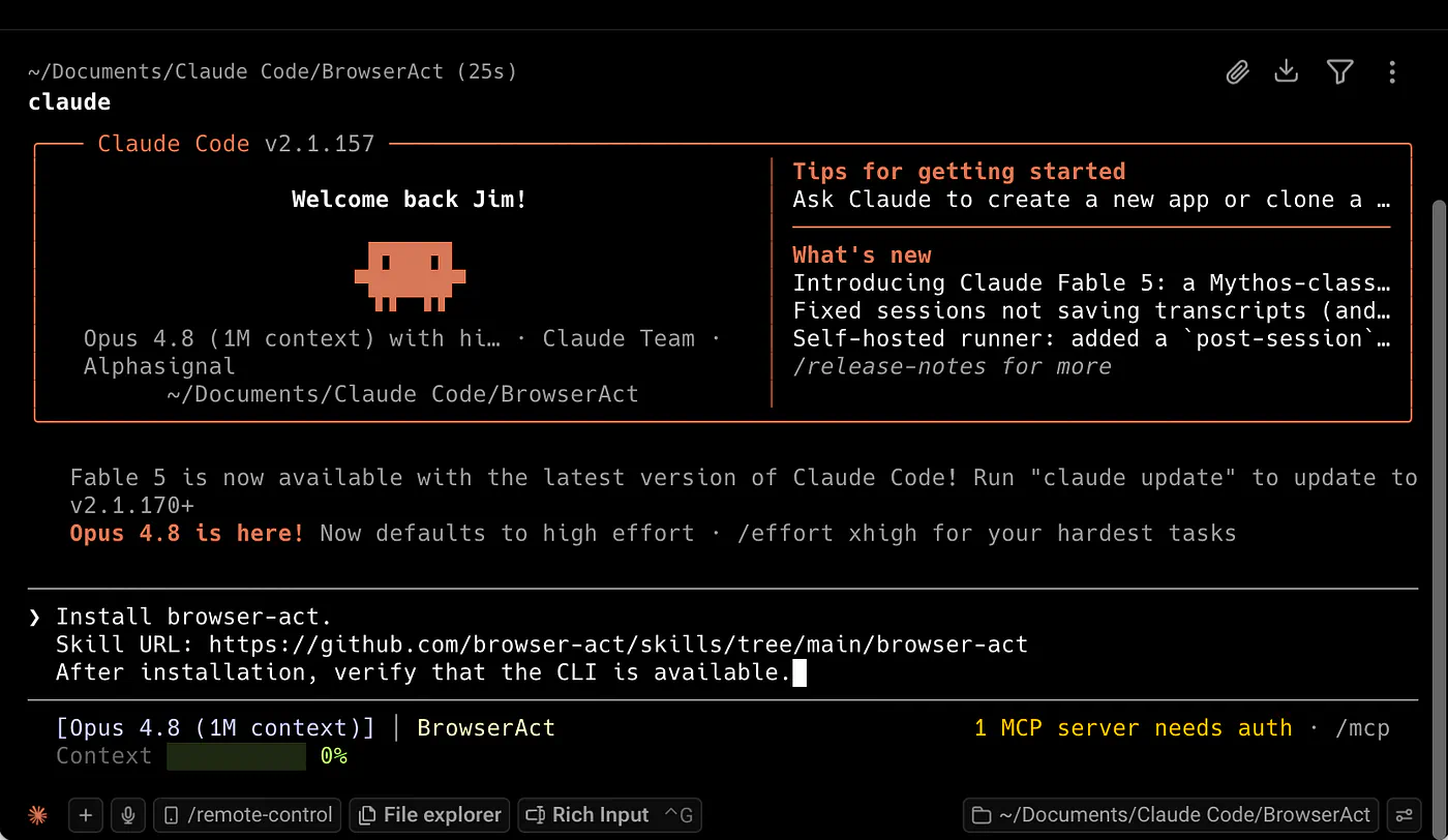Claude code installing BrowserAct. Image by Jim Clyde Monge