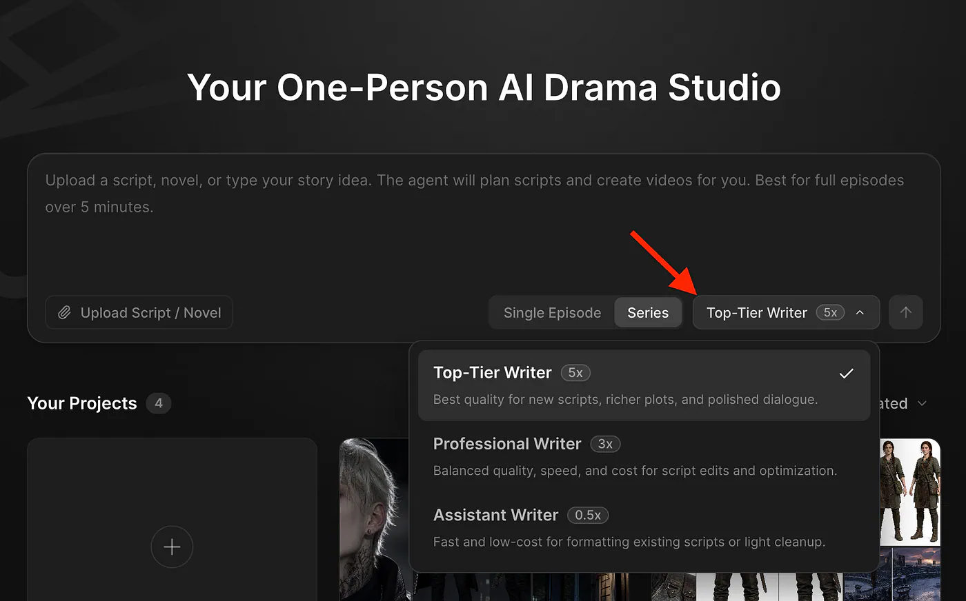 AI writing assistant options in Topview Drama Studio. Image by Jim Clyde Monge