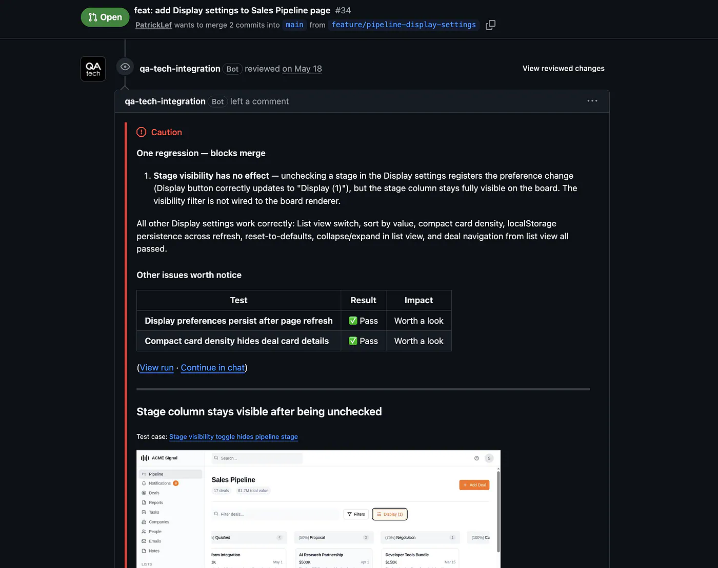 QA.tech pull request integration example