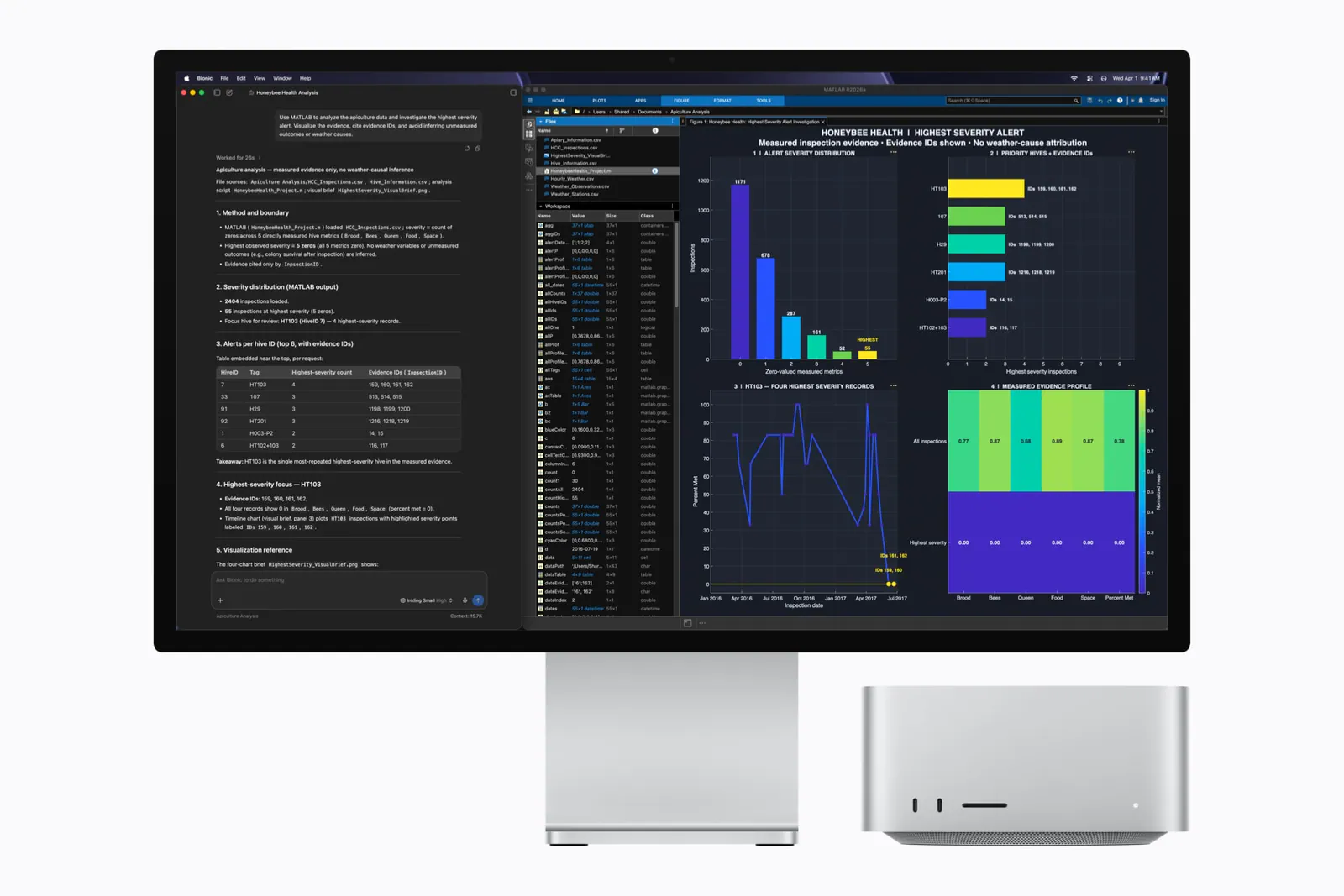 Mac Studio with M5 Ultra running LM Studio Bionic and MATLAB visualizations on Studio Display.|1600x1067