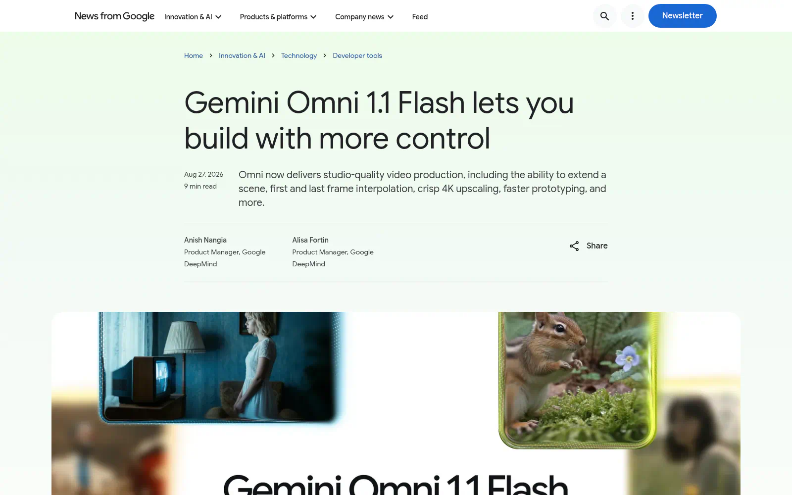 Show an official Omni 1.1 Flash example, workflow, or comparison that demonstrates 360p prototyping, first-and-last-frame interpolation, or 4K output.|1600x1000