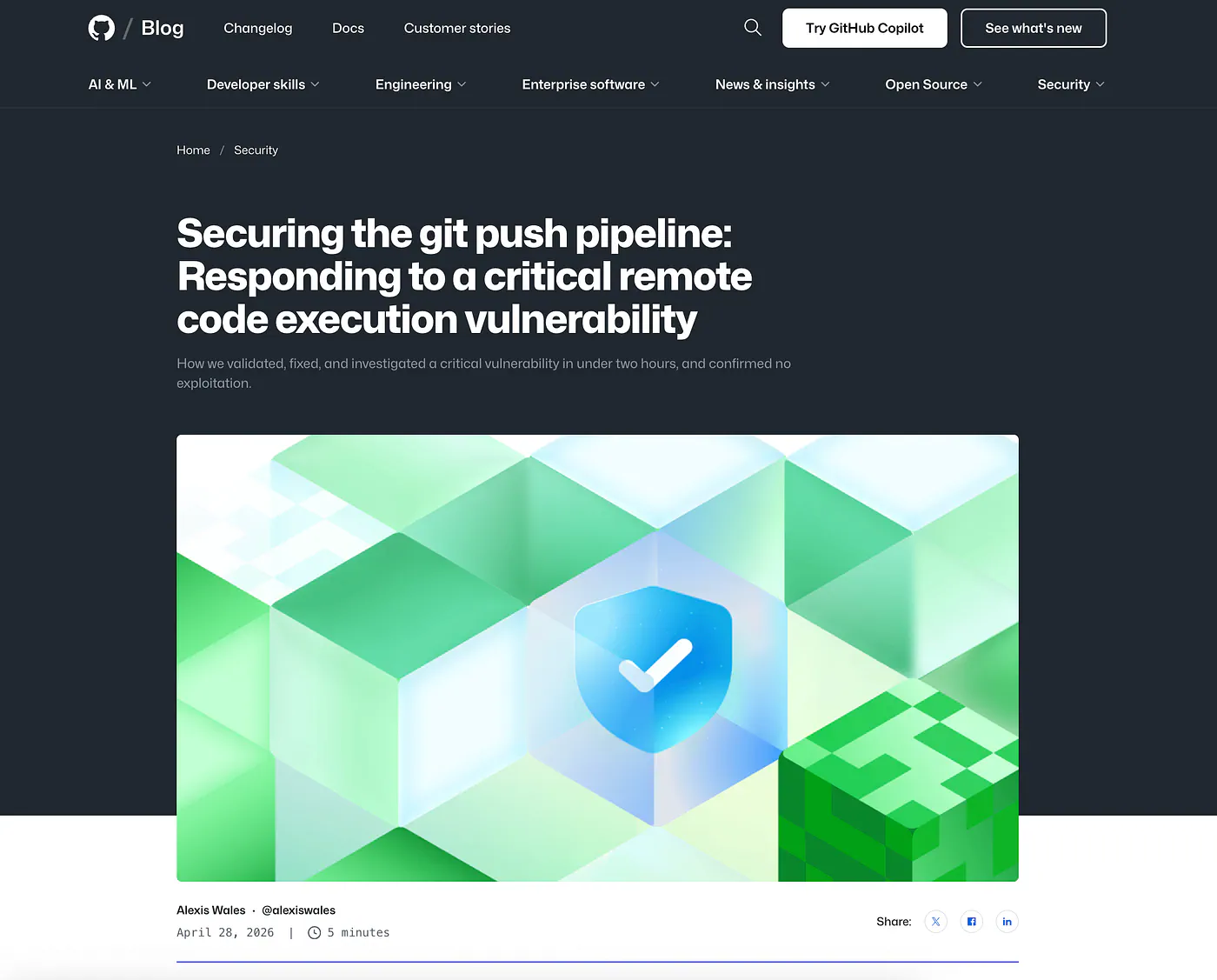 Blog post from GitHub about CVE-2026–3854