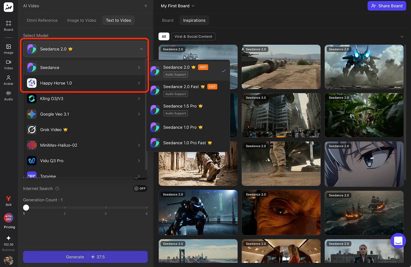 Generating videos with Seedance 2 and Happy Horse 1 on Topview