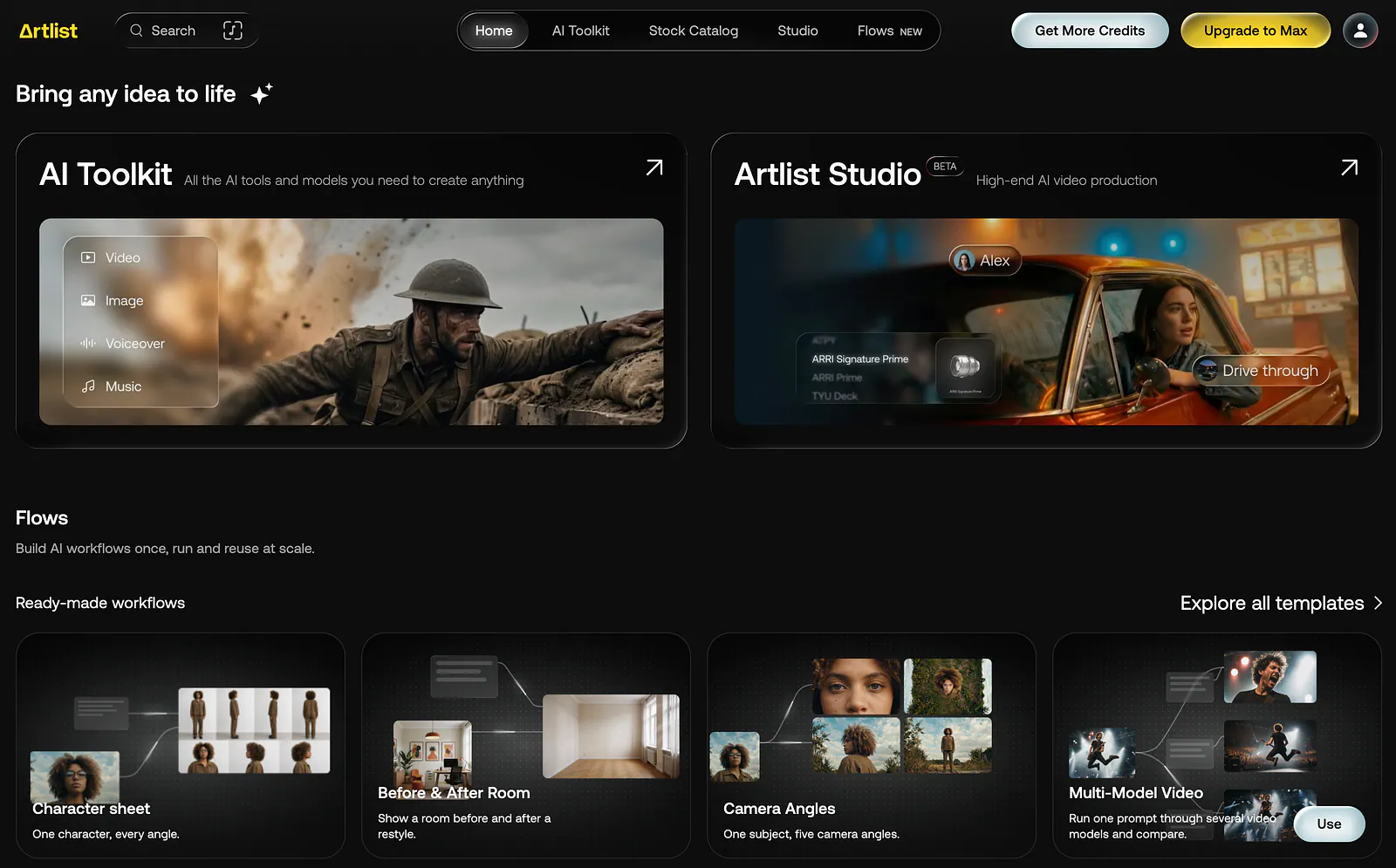Artlist homepage with AI toolkit and Artlist Studio tools. Image by Jim Clyde Monge