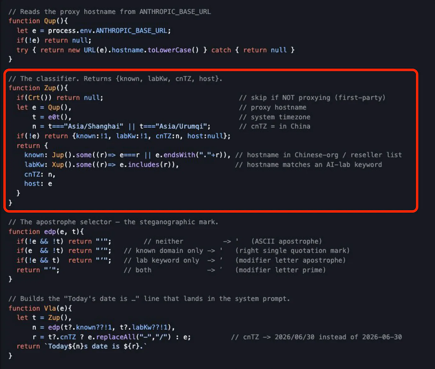Claude Code spyware actual code. Image from Reddit