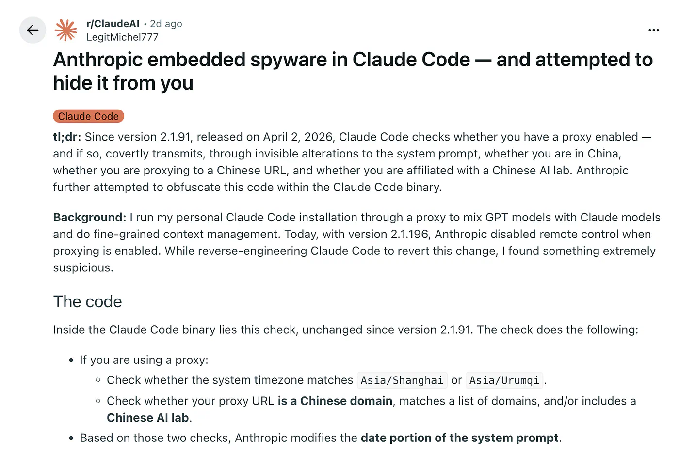 Reddit post on Claude Code spyware. Image from Reddit