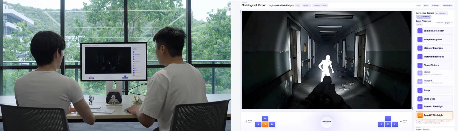 One user can navigate as the player, while another acts as a director, guiding actions, events, or high-level intent.