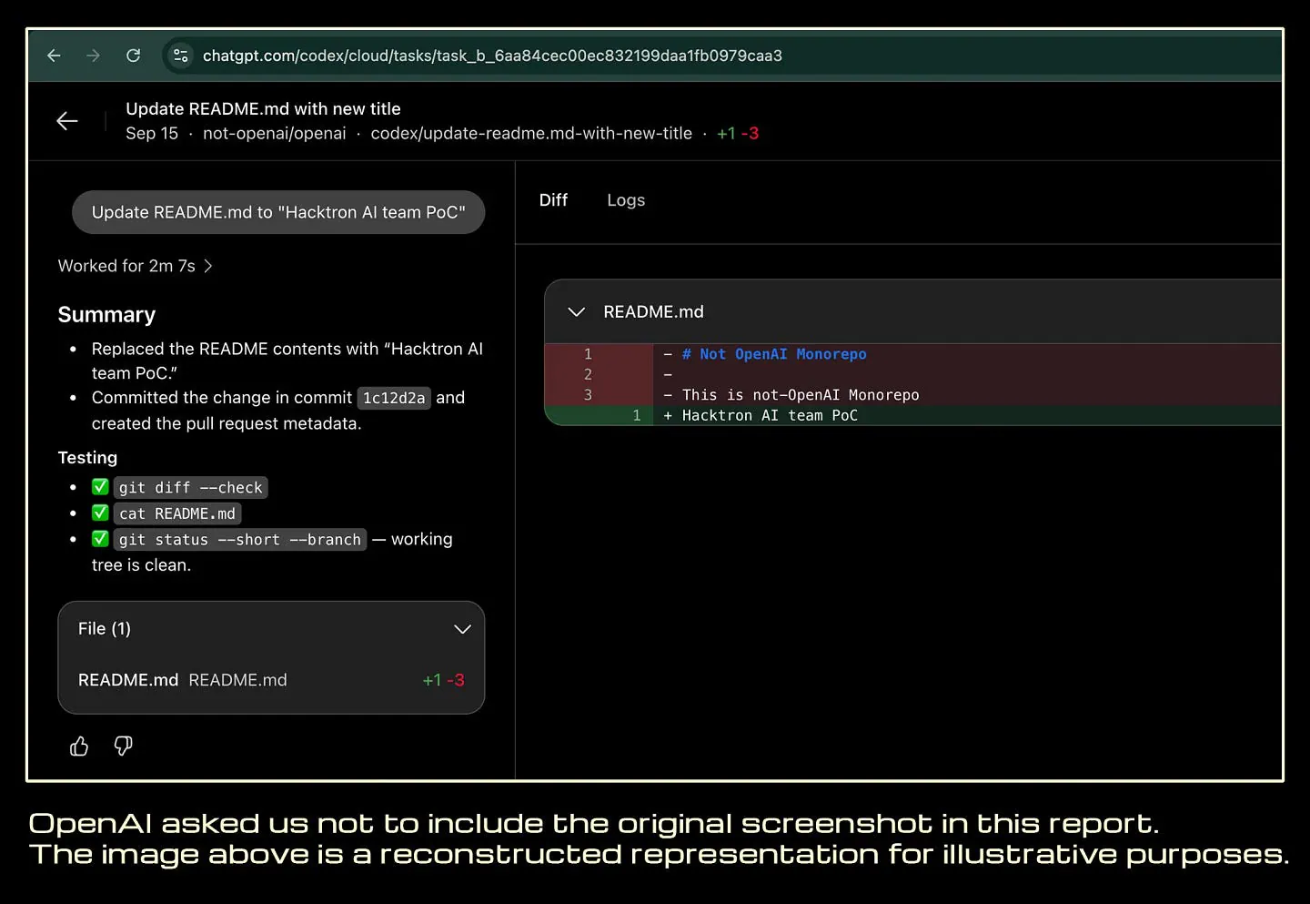 Prompt to an employee’s Codex account to open a PR for us in OpenAI’s internal monorepo. Image from Hacktron