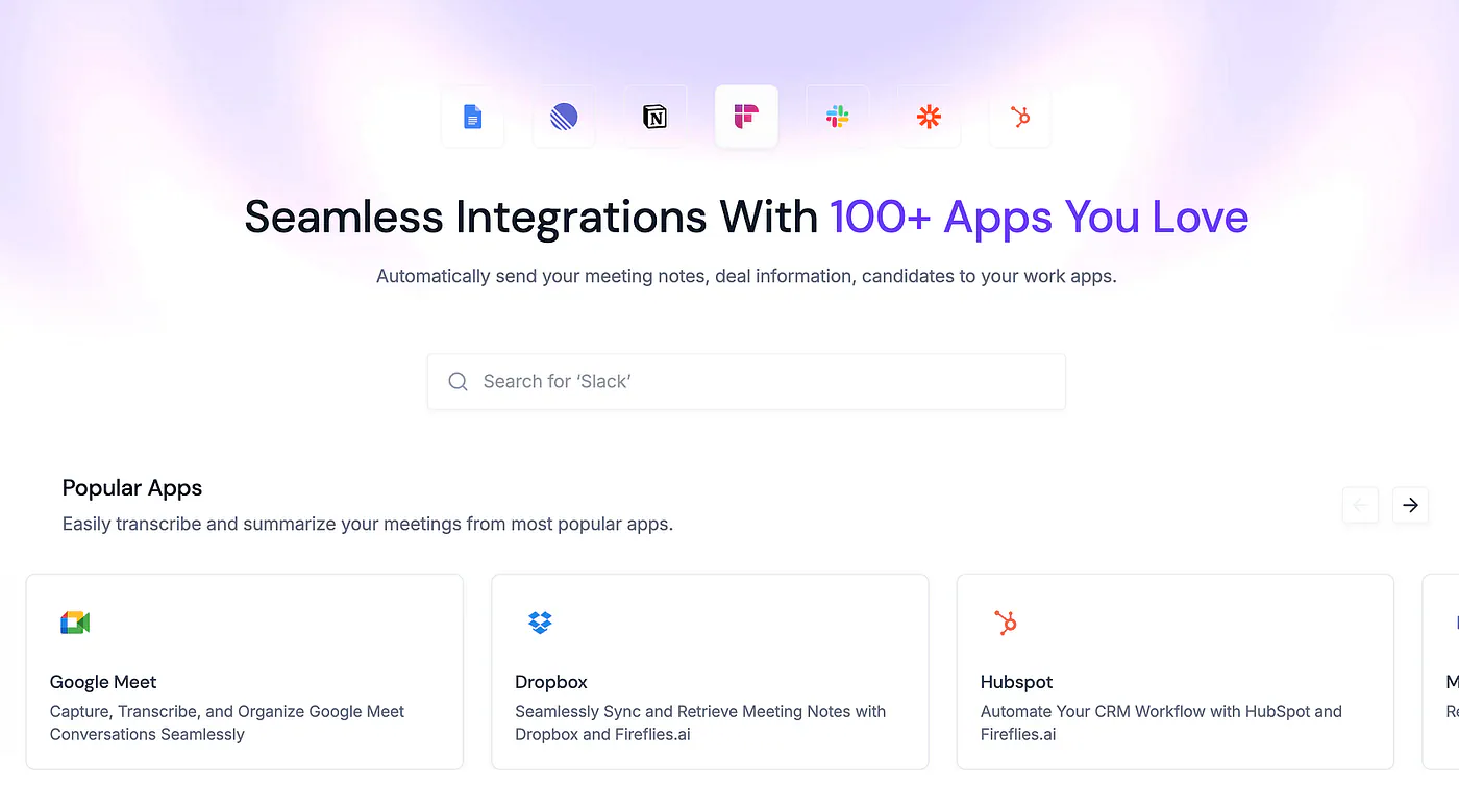 Fireflies AI’s integration tools. Image by Jim Clyde Monge