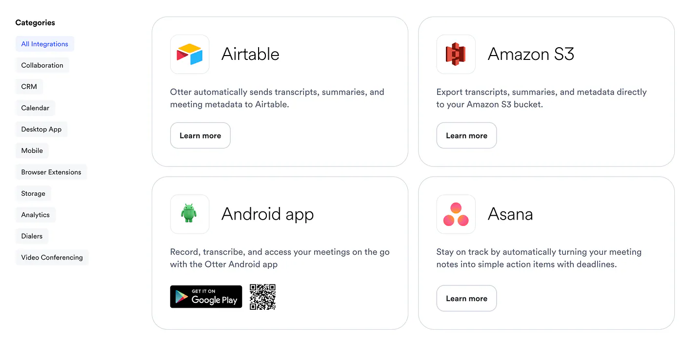 Otter AI’s list of integration tools. Image by Jim Clyde Monge