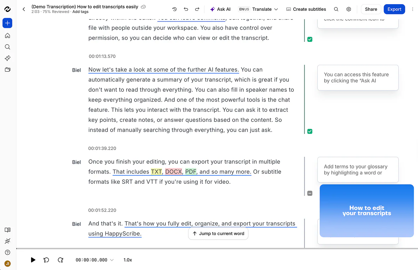 HappyScribe transcription dashboard. Image by Jim Clyde Monge