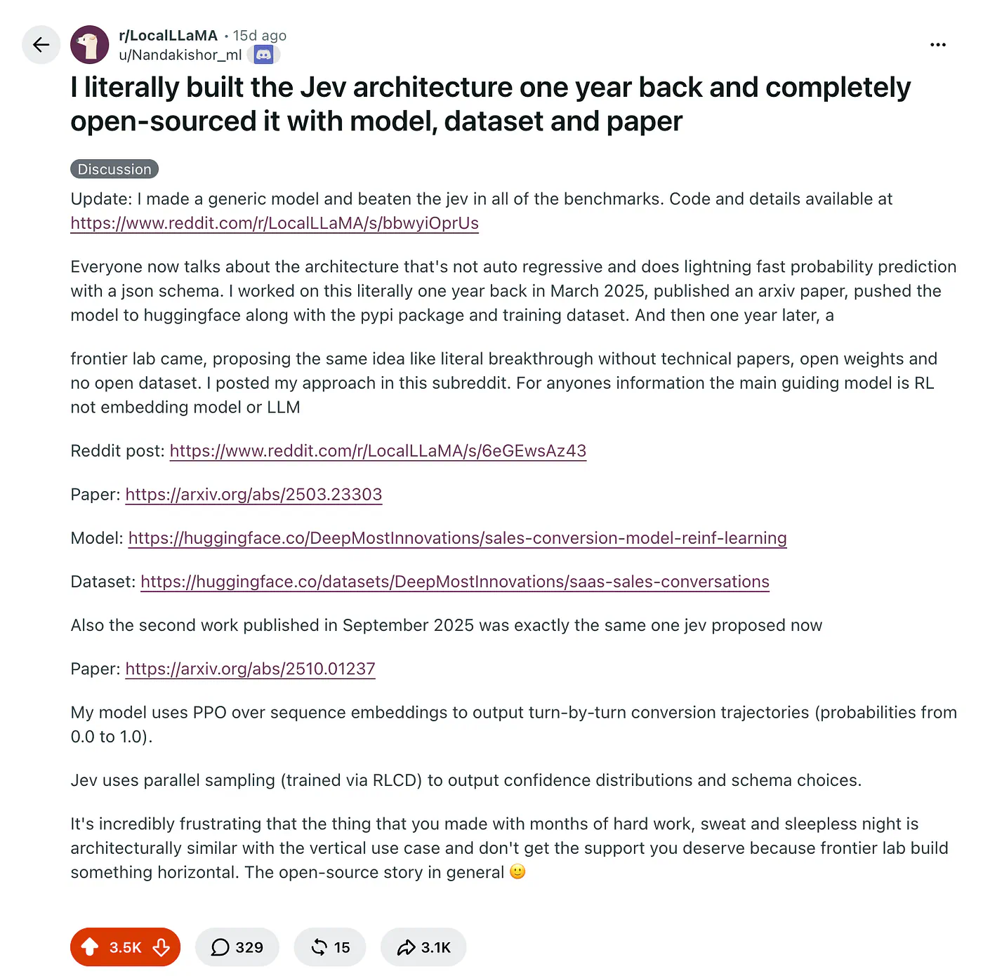 Nandakishor M’s Reddit post about Jev