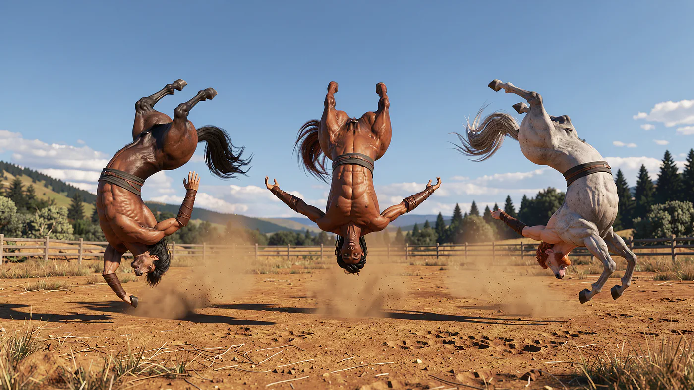 3 centaurs doing backflips. Image generated with Flux 3