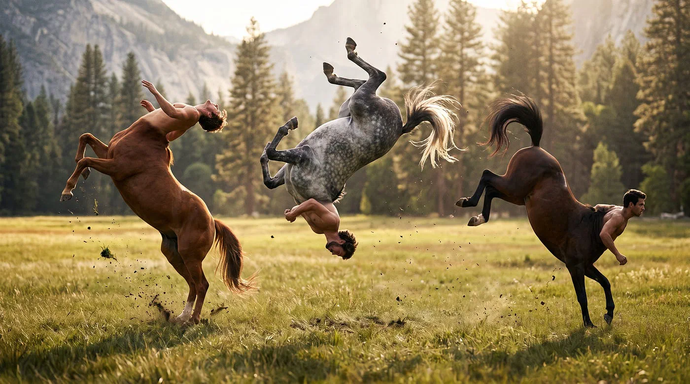 3 centaurs doing backflips. Image generated with Nano Banana 2.1