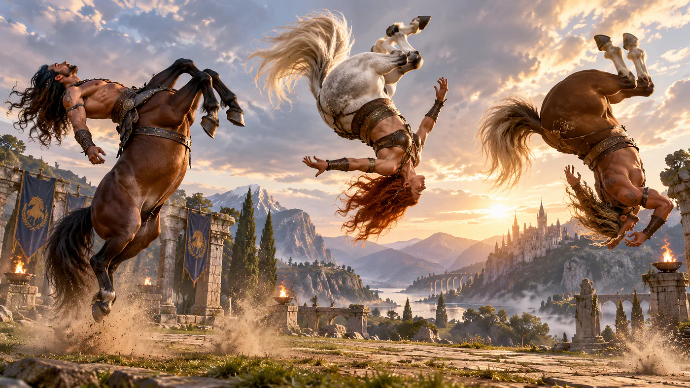 3 centaurs doing backflips. Image generated with GPT Image 2.5