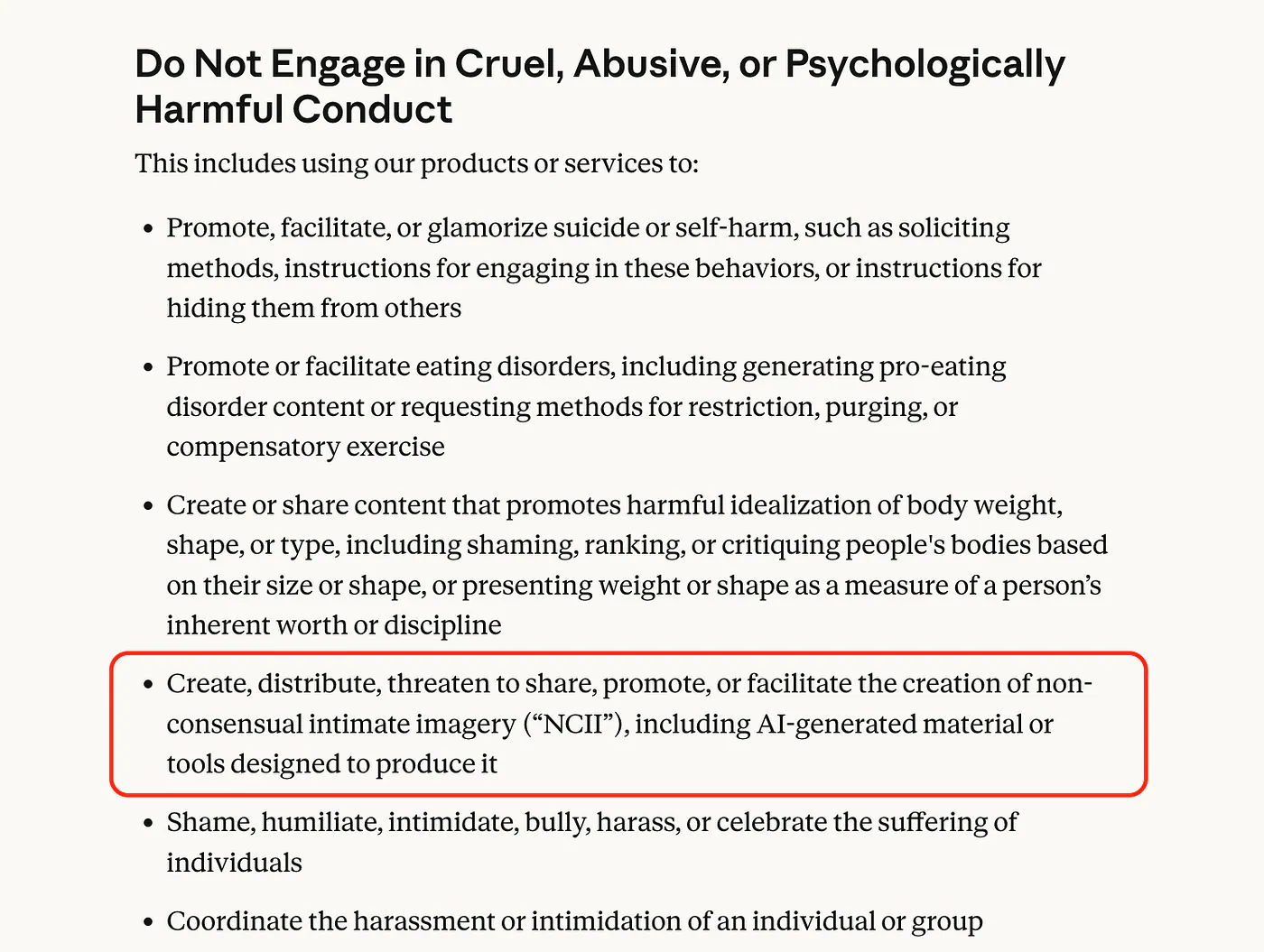 Create, distribute, threaten to share, promote, or facilitate the creation of non-consensual intimate imagery (“NCII”)