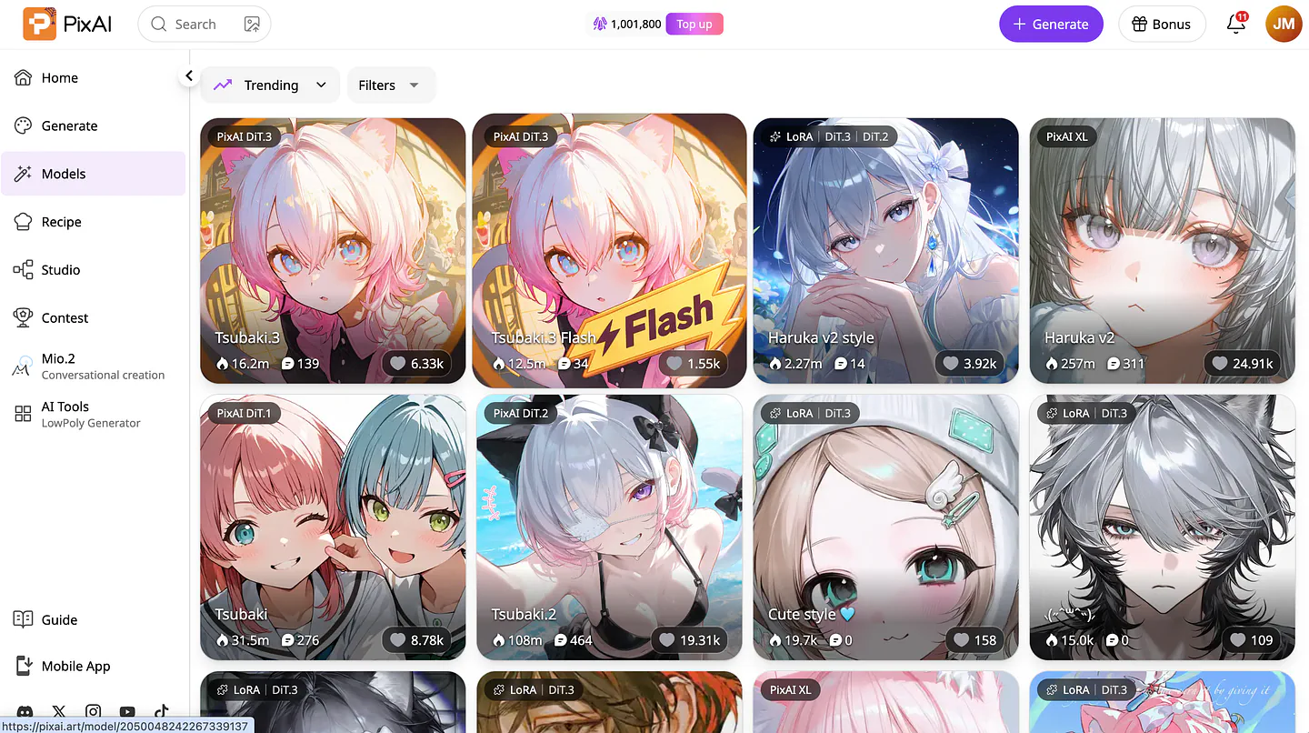 PixAI image models dashboard